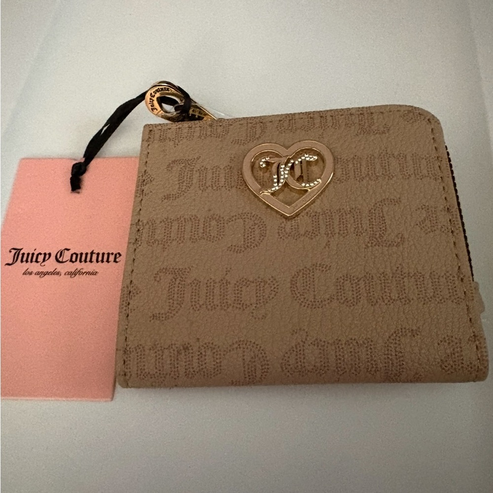 Juicy Couture Beige Monogram Zip-Around Wallet with Gold Heart Emblem